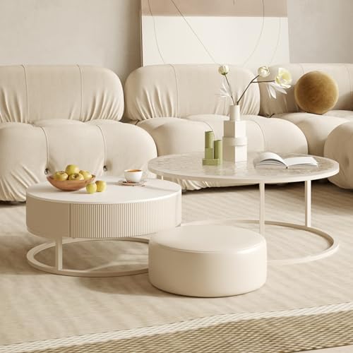 DRFGNF Runder Couchtisch, 2er-Set, moderne, minimalistische Mitteltische mit Metallrahmen und kleinem Lederhocker für Wohnzimmer, Schlafzimmer, kleiner Raum (Farbe: Stil B, Größe: von DRFGNF