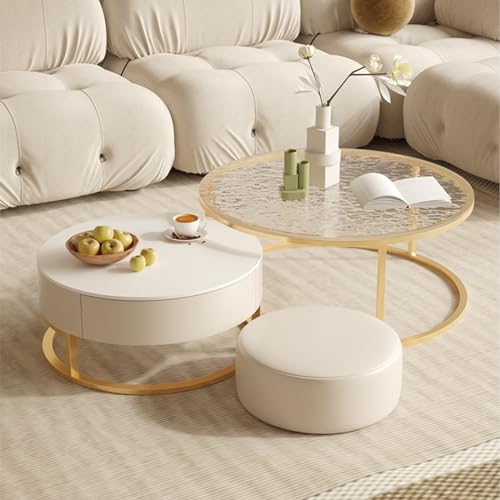 DRFGNF Runder Couchtisch, 2er-Set, moderne, minimalistische Mitteltische mit Metallrahmen und kleinem Lederhocker für Wohnzimmer, Schlafzimmer, kleiner Raum (Farbe: Stil C, Größe: von DRFGNF
