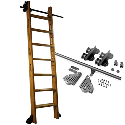 DRFGNF Schiebeleiter-Hardware-Kit mit einziehbarer Schiene + Verlängerungs-Rollschiene (ohne Leiter), Schwarze runde Röhren-Leiterschiene für Mobile Bibliotheken mit Bodenrollen von DRFGNF