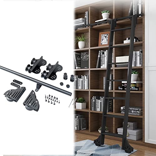 DRFGNF Schwarzes Schiebeleiter-Hardware-Kit aus rundem Rohr für Scheunen, einziehbares System mit 3,3 Fuß Langer Schiene, rustikale Bibliotheks-Rollleiter für Zuhause oder das B von DRFGNF