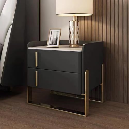 Moderne Nachtkommode mit Leder-Finish, 2er-Set, mit Schublade, schmaler Nachttisch und Metallsockel, für Schlafzimmer von DRFGNF