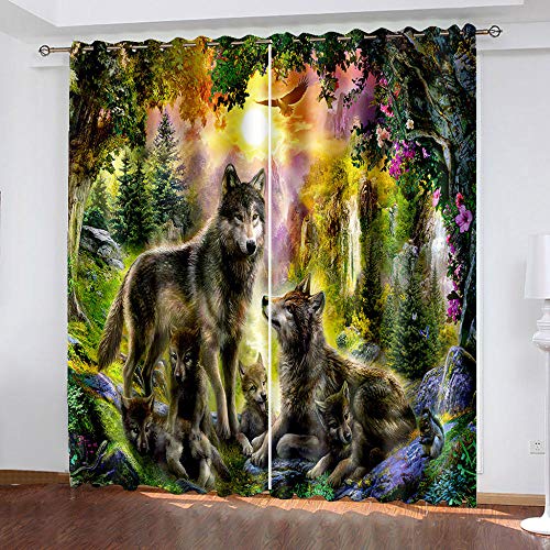 DRFQSK Verdunkelungsvorhänge 3D Digitaldruck Waldtier Wolf Ösen Vorhang 2Er Set 160 X 70 cm（H X B） Verdunkelungsvorhang Blickdicht Gardinen Kinderzimmer Schlafzimmer Wohnzimmer Thermovorhang von DRFQSK