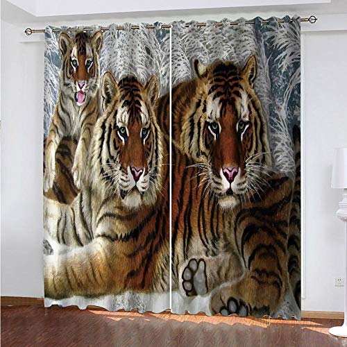 DRFQSK Verdunkelungsvorhang Kinderzimmer Junge Mädchen Blickdichter Ösenvorhang 160 X 100 cm（H X B） 3D Digitaldruck Tiger Mit DREI Tieren Ösenschal 2Er Set, Vorhänge Schlafzimmer Thermo Gardinen von DRFQSK