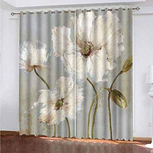 DRFQSK Vorhang Blickdicht Vorhänge Verdunkelungsvorhang Gardinen Mit Ösen Wohnzimmer Schlafzimmer Thermovorhang 3D Ölgemälde Weiße Blumen Muster Ösenschal 2Er Set Fensterdekoration 214 X 132 Cm（H X B） von DRFQSK