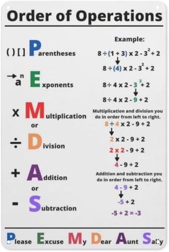 DRFYVZ Pemdas Math Order of Operations Schild Lehrer Geschenk Mathematik Formel Lösung Basic Metall Blechschild Foundation Poster Ästhetisch 20,3 x 30,5 cm DRFYVZ Pemdas Math Order of Operations Schild Lehrer Geschenk Mathematik Formel Lösung Basic Metall Blechschild Foundation Poster Ästhetisch 20,3 x 30,5 cm von DRFYVZ