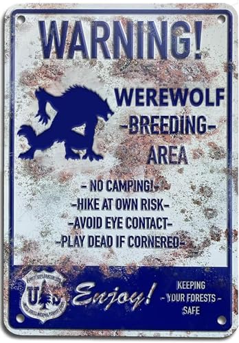 DRFYVZ Retro Werwolf Breeding Area Blechschild Werwolf Warntafel Wanddekoration Geschenk für Garten Männer Höhle Garage Bauernhof Café Bibliothek Wohnzimmer Schule Vintage Metallposter 30,5 x 20,3 cm von DRFYVZ