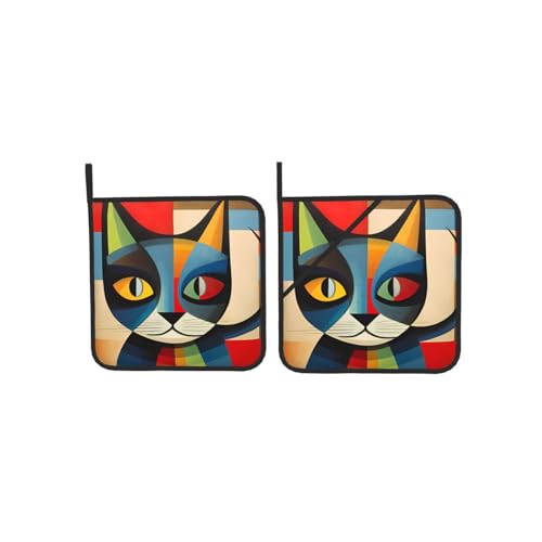 Moderne Kunst Katze Quadratisch Isolierte Topflappen (2er Set) Hitzebeständige Ofenhandschuhe Rutschfest Leicht Zu Reinigen Mikrowellenhandschuhe Zum Backen und Grillen von DRGFCXE