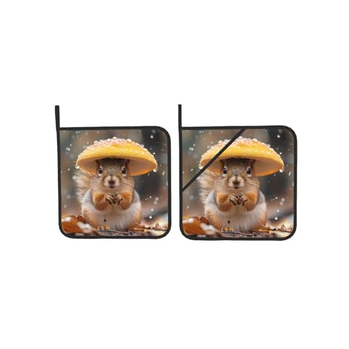 Quadratische isolierte Topflappen mit Eichhörnchen (2er-Set), hitzebeständige Ofenhandschuhe, rutschfest, leicht zu reinigen, Mikrowellenhandschuhe zum Backen und Grillen von DRGFCXE