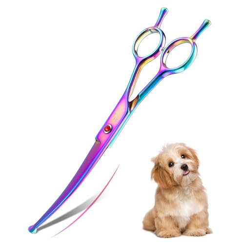 DRGSKL Gebogene Hundepflegeschere Professionelle Sichere Runde Spitzen Haustier Fellschere Pflegeschere für Hund Katze Japanischer Edelstahl 440C Regenbogen von DRGSKL