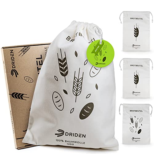 DRIDEN Brotbeutel XL [3er Set] 100% Natur Baumwolle - Brotsack für frische Brötchen & Großeinkäufe - Hohe Robustheit durch integrierten Rissschutz von DRIDEN