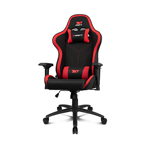 DRIFT GAMING Chair DR110 -DR110BR - Gaming Chair, hochdichter Stoff, 4D-Armlehnen, geräuscharme Rollen, Klasse 4 Kolben, Neigung, Nacken-/Lendenwirbelkissen, schwarz/rot von DRIFT GAMING