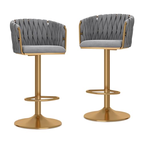 DRINGP Verstellbare drehbare Thekenhöhenhocker mit Rückenlehne, 2er-Set, samtgewebter Barhocker, Barhöhe, Inselhockerstühle mit Gold-/schwarzen Metallbeinen, Grün von DRINGP