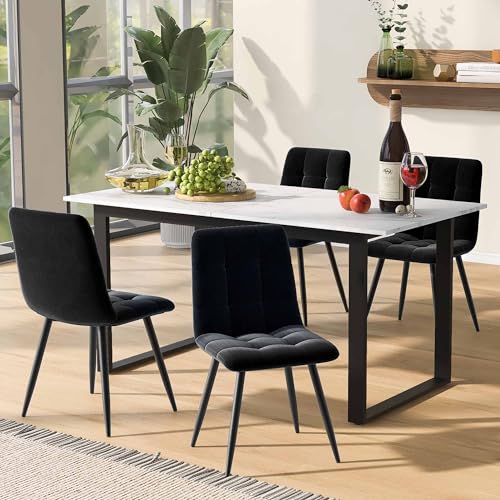 DRIXNO (Set,140/180×80×75cm Esstisch mit 4 Stühlen, Moderner Küchentisch Set,Schwarz Samt Esszimmerstühle,MDF Tischplatte in Weißer,Schwarz Tischbeine von DRIXNO