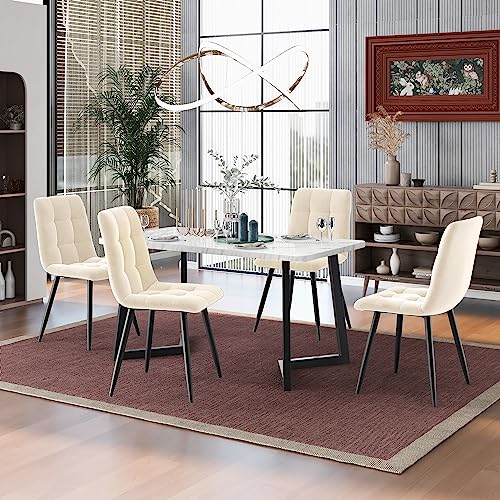 DRIXNO 117cm Esstisch mit 4 Stühlen Set, Rechteckiger Esstisch Moderner Küchentisch Set,Esszimmerstuhl Beige Samt Küchenstuhl,Schwarze Tischbeine von DRIXNO