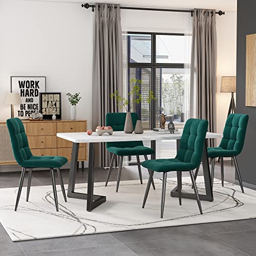 DRIXNO 117cm Esstisch mit 4 Stühlen Set, Rechteckiger Esstisch Moderner Küchentisch Set,Esszimmerstuhl Dunkelgrün Samt Küchenstuhl,Schwarze Tischbeine von DRIXNO