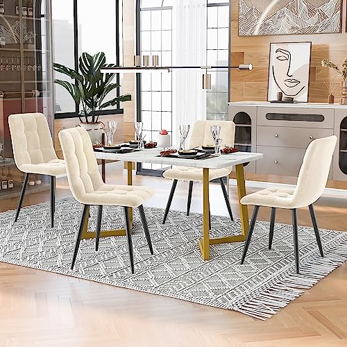 DRIXNO 117cm Esstisch mit 4 Stühlen Set, Rechteckiger Küchentisch Set,Esszimmerstuhl Beige Samt Küchenstuhl,Golden Tischbeine von DRIXNO
