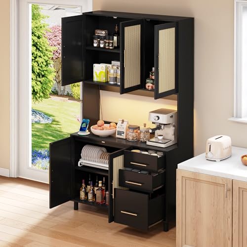 DRIXNO 183cm Küchenanrichte, App-gesteuerte LED-Deko-Lichter, 2 x USB, 2 x Steckdosen, verstellbare Einlegeböden, 3 Schubladen, goldene Metallgriffe，Schwarz von DRIXNO