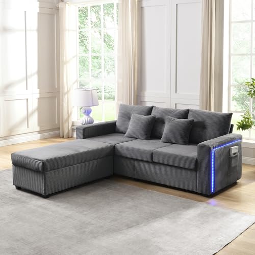 DRIXNO [5-Kissen-Supreme-Set LED-Sofakombination mit Wolkenartigem Sitzgefühl: 3-Sitzer-Sofa + übergroßer Abnehmbarer Ottoman,Hochbelastbares Modulares Wohnzimmermöbel in L-Form,Gray von DRIXNO