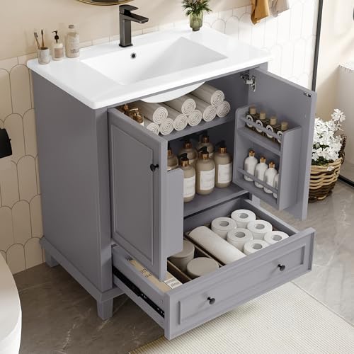 DRIXNO 76x46x87cm Bodenstehender Badezimmerschrank mit Waschbeck, Beine aus Massivholz, Volllackierung, Feuchtigkeits- und Wasserdicht, Großer Stauraum, Integriertes Keramikwaschbecken, Gray von DRIXNO