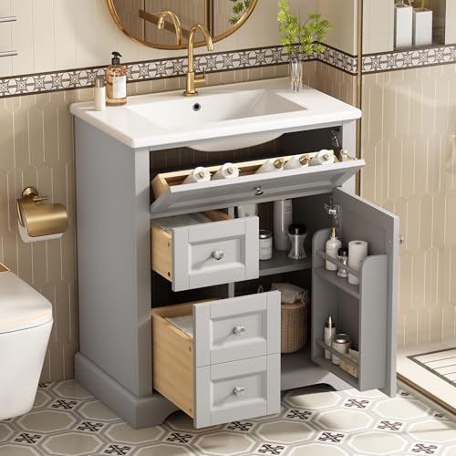 DRIXNO 76x46x87cmBodenstehender Badezimmerschrank mit Waschbeck, Feuchtigkeitsbeständig lackiert, Soft-Close-Schubladenführungen, Türregale,ausklappbare Schublade,Verstellbare Ablagefläche, Grau von DRIXNO