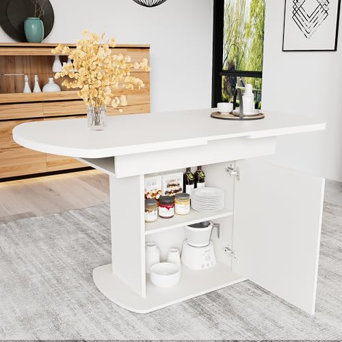 DRIXNO Ausziehbarer ovaler Esstisch 110/130X70X75cm, Esstisch mit Stauraum, Kaffee-Freizeittisch, Minimalistischer Esstisch, Platzsparender multifunktionaler Esstisch, Weiß+Goldener Griff von DRIXNO