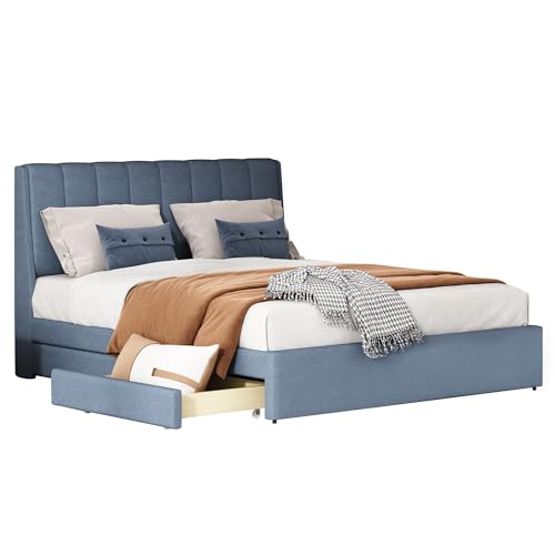 DRIXNO Bett 140x200 Bed Betten Mit Lattenrost Polsterbett Jugendbett Doppelbett Bettkasten Schlafzimmer Bockspringbett Blau mit Schubladen von DRIXNO