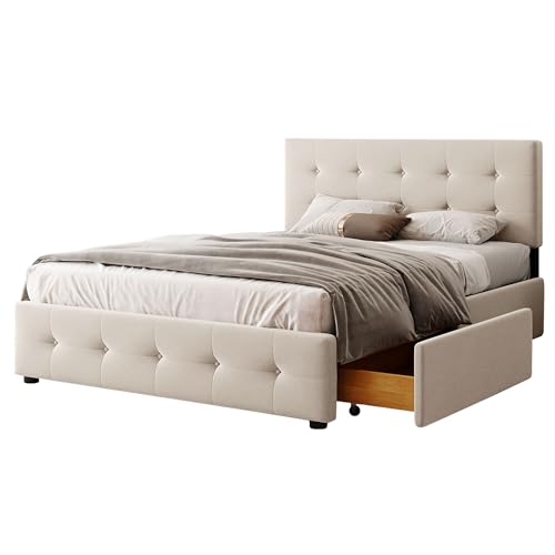 DRIXNO Bett 140x200 Bed Betten Mit Schubladen Jugendbett Doppelbett Mit Lattenrost Polsterbett Bettkasten Schlafzimmer Bockspringbett, Hautfreundliches aus Samtstoff Beige von DRIXNO