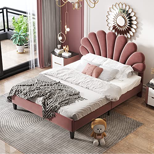 DRIXNO Bett 140x200 Doppelbett Betten Mit Lattenrost Polsterbett Jugendbett Rosa Kopfteil in Blumenform Teenie-Mädchenbett in Hautfreundlichem Samtstoff von DRIXNO