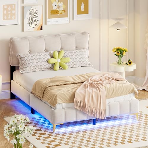 DRIXNO Bett 140x200 Led Betten, Jugendbett Doppelbett Polsterbett mit Rückenlehne mit Lattenrost Samtstoff hohe Metallfüße Beige (Matratze Nicht im Lieferumfang enthalten) von DRIXNO