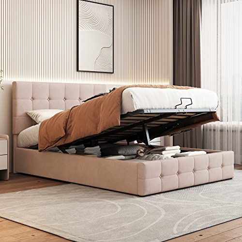 DRIXNO Bett 140x200 Stauraumbett Bed Betten Mit Lattenrost und Matratze Polsterbett Jugendbett Doppelbett Bettkasten Schlafzimmer Bockspringbett Beige Samtstoff von DRIXNO