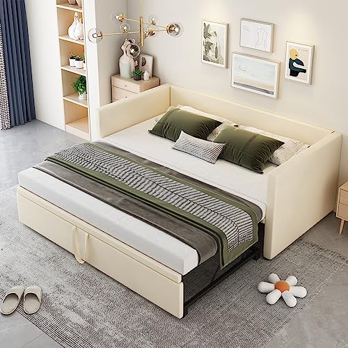 DRIXNO Bett 90/180x200 Ausziehbares Schlafsofa Bed Betten mit Lattenrosten Polsterbett Multifunktionsbett Hautfreundlichem Samtstoff Beige von DRIXNO