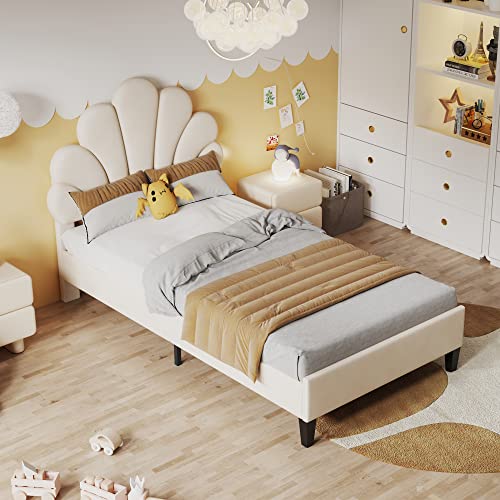 DRIXNO Bett 90x200 Einzelbett Kinderbett Betten Mit Lattenrost Polsterbett Jugendbett Beige Kopfteil in Blumenform Teenie-Mädchenbett in Hautfreundlichem Samtstoff von DRIXNO