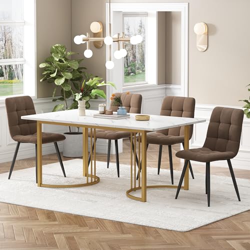 DRIXNO Essgruppe (5-TLG),mit 4 Stühlen Set, 140×80cm Küchentisch mit Golden Metallbeinen, MDF Tischplatte in Weißer,Braun Samt Esszimmerstühle von DRIXNO