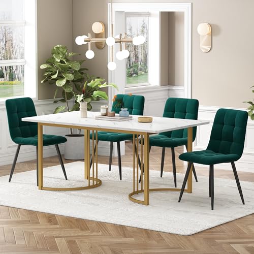 DRIXNO Essgruppe (5-TLG),mit 4 Stühlen Set, 140×80cm Küchentisch mit Golden Metallbeinen, MDF Tischplatte in Weißer,Dunkelgrün Samt Esszimmerstühle von DRIXNO