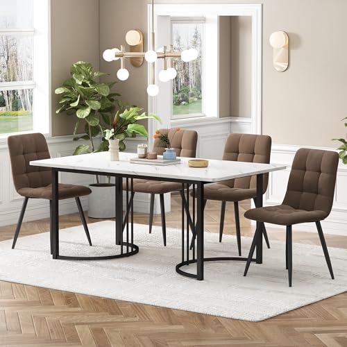 DRIXNO Essgruppe (5-TLG),mit 4 Stühlen Set, 140×80cm Küchentisch mit Schwarz Metallbeinen, MDF Tischplatte in Weißer,Braun Samt Esszimmerstühle von DRIXNO