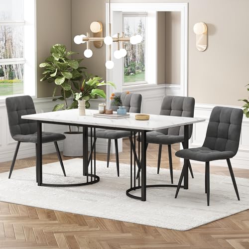 DRIXNO Essgruppe (5-TLG),mit 4 Stühlen Set, 140×80cm Küchentisch mit Schwarz Metallbeinen, MDF Tischplatte in Weißer,Dunkelgrau Samt Esszimmerstühle von DRIXNO