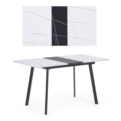 DRIXNO Esstisch Küchentisch Ausziehbar 110/140x75cm, Weiß/Schwarz Esszimmertisch Tisch Küche Dining Table Kitchen, Holztisch Massivholz Polierte Oberfläche, Gewellte Kanten Moderne von DRIXNO