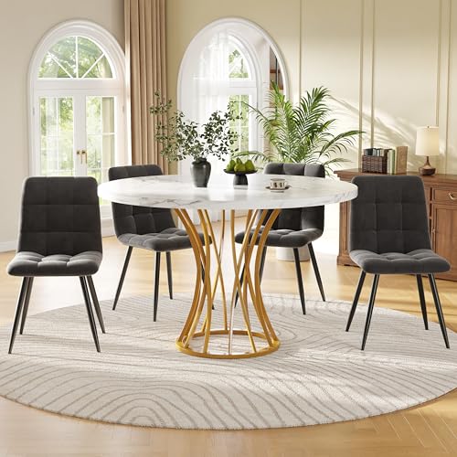 DRIXNO Esstisch-Set (5 Teile), Set mit 4 Stühlen, Runder Küchentisch mit 80 cm Durchmesser, Goldene Metallbeine, Weiß Marmorierte Tischplatte, Graue Samt-Esszimmerstühle von DRIXNO