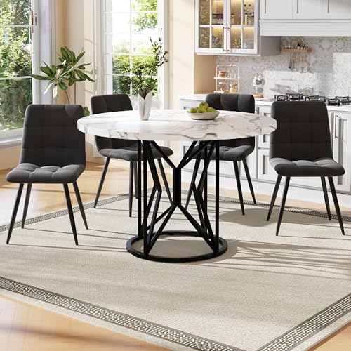 DRIXNO Esstisch-Set (5-teilig), Set mit 4 Stühlen, Runder mit 100 cm Durchmesser, Weiße MDF-Tischplatte,Grauer Samt-Esszimmerstuhl von DRIXNO