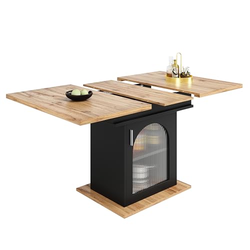 DRIXNO Esstisch Teleskoptisch(110-140×80cm), Ausziehbarer Esstisch mit Ablagefläche, Platzsparender Küchentisch, Ablageebenen, für Küche und Wohnzimmer, Natürliches+Schwarz von DRIXNO