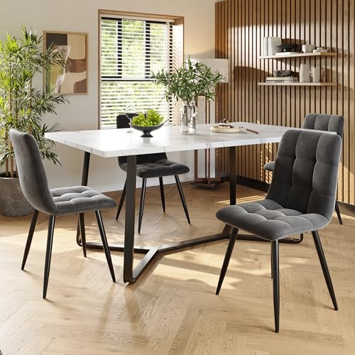 DRIXNO Esstisch und Stühle Set (5 Stück), Esszimmer-Set mit 4 Stühlen, Marmorierte Tischplatte, Schwarze Tischbeine, Graue Samt-Esszimmerstühle von DRIXNO