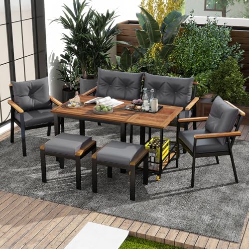 DRIXNO Esstisch- und Stuhlset aus Akazienholz, Gartenmöbel, 6-7-Sitzer-Garten-Esstisch- und Stuhlset mit Sesseln und Abnehmbarem Esswagen von DRIXNO