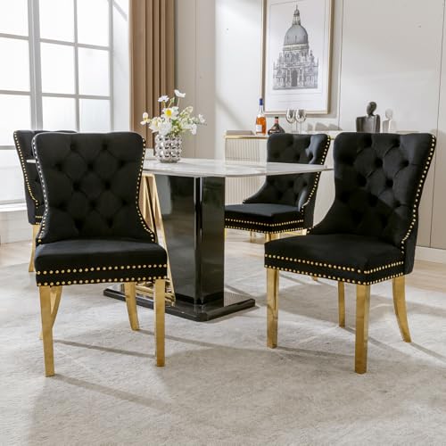 DRIXNO Esszimmerstuhl (Küchenstuhl Wohnzimmerstuhl mit einzigartigem Runde Zugringe auf der Rückseite, 4 STS), Polsterstuhl mit Nagelkopfbesatz,Stützbeine aus vergoldetem Edelstahl, Samt, Schwarz von DRIXNO