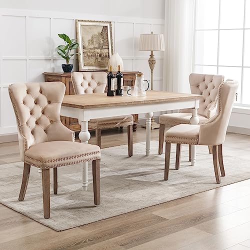 DRIXNO Esszimmerstuhl (Küchenstuhl Wohnzimmerstuhl mit einzigartigem Türklopfer auf der Rückseite, 4 St), Polsterstuhl mit Nagelkopfbesatz, Beinen aus Massivholz, Bezug aus Samt, Beige von DRIXNO