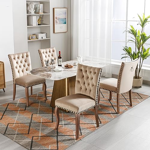 DRIXNO Esszimmerstuhl (Küchenstuhl Wohnzimmerstuhl mit einzigartigem Türklopfer auf der Rückseite, 4 St), Polsterstuhl mit Nagelkopfbesatz, Beinen aus Massivholz, Bezug aus Samt, Helles Kamel von DRIXNO