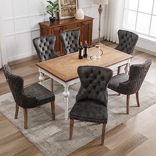 DRIXNO Esszimmerstuhl (Küchenstuhl Wohnzimmerstuhl mit einzigartigem Türklopfer auf der Rückseite, 6 St), Polsterstuhl mit Nagelkopfbesatz, Beinen aus Massivholz, Bezug aus Samt, Grau von DRIXNO