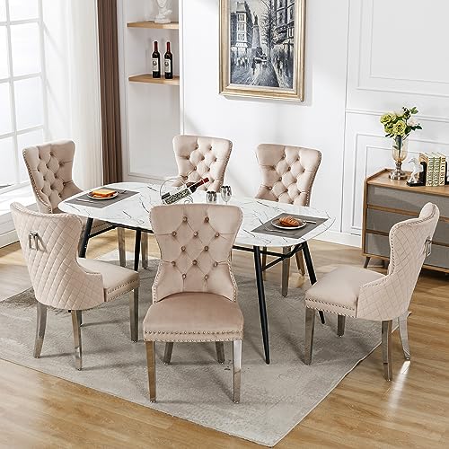 DRIXNO Esszimmerstuhl (Küchenstuhl Wohnzimmerstuhl mit einzigartigem Türklopfer auf der Rückseite, 6 St), Polsterstuhl mit Nagelkopfbesatz,Stützbeine aus Metall, Bezug aus Samt,Beige von DRIXNO