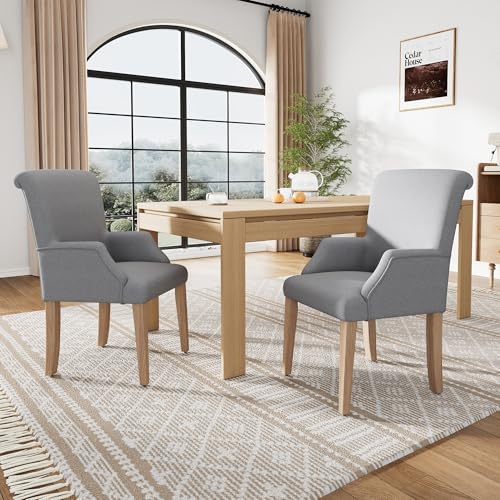 DRIXNO Esszimmerstuhl aus Leinen, 2er-Set mit Beinen aus Massivholz, mit Armlehnen, Dickem Kissen, Schlafzimmerstuhl, Küchenstuhl, Wohnzimmer-Loungesessel, Grau von DRIXNO