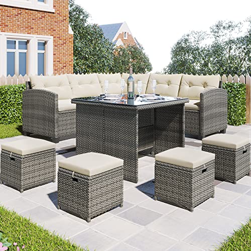 DRIXNO Gartenlounge-Set Rotterdam, 2 Sofas, 4 Hocker, Gartenmöbel-Set für 6-10 Personen, Allwetter-Rattan-Sofa mit Esstisch und Stuhl und 4 Ottomanen, graues Korbgeflecht + beige Kissen von DRIXNO