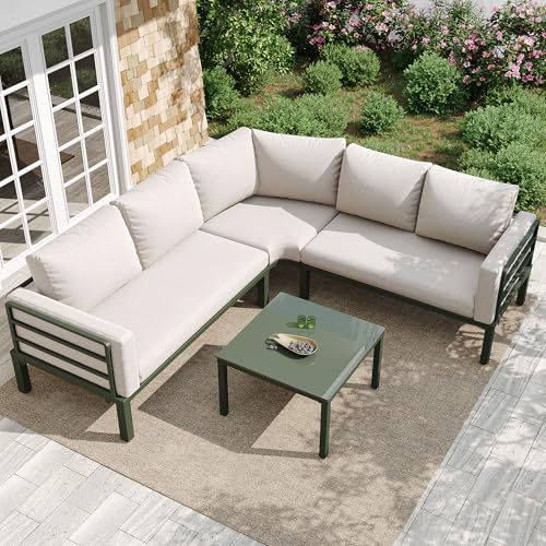 DRIXNO Gartenmöbel-Set (4-5 Sitzplätze), 1 Couchtisch aus Gehärtetem Glas, Grün Verzinkter Eisenrahmen, Bequeme Gartenmöbel, Beige Sitzpolster und Kissen mit Verstellbaren Beinen von DRIXNO